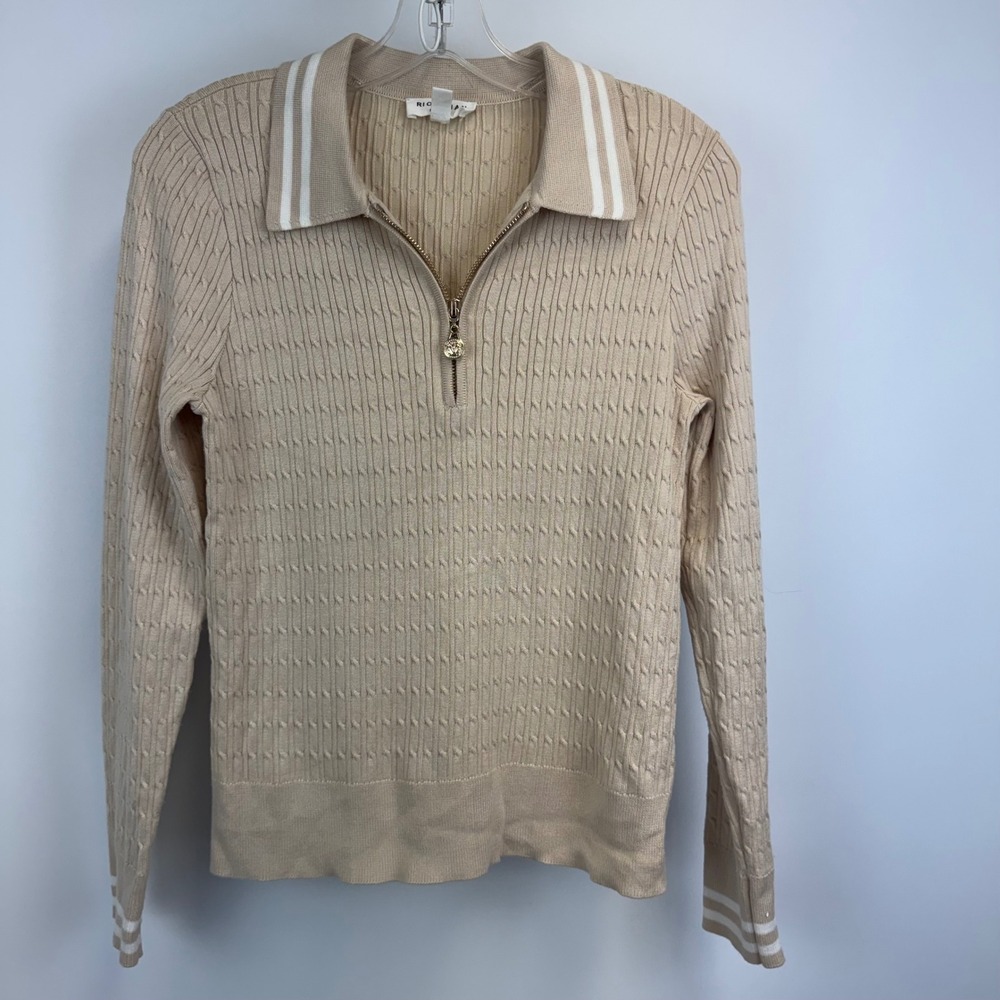 Rio & Rian Womens Beige Cable Knit Quarter Zip Sweater Medusa Medallion Size M